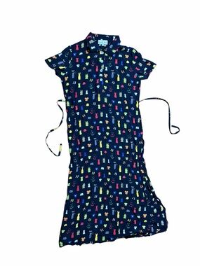 Navy Short Sleeve Tie-Waist Dress With Cute Fits on the Pattern